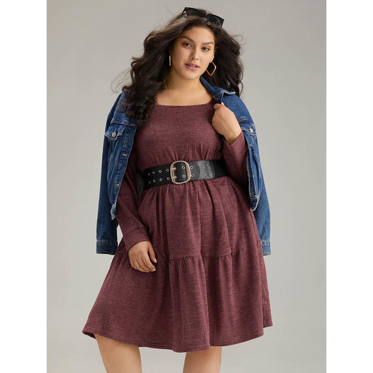 Plus Size Plain Square Neck Texture Gathered Dress Maroon Women Casual Texture Square Neck Long Sleeve Curvy Midi Dress BloomChic 30/6X Product Image