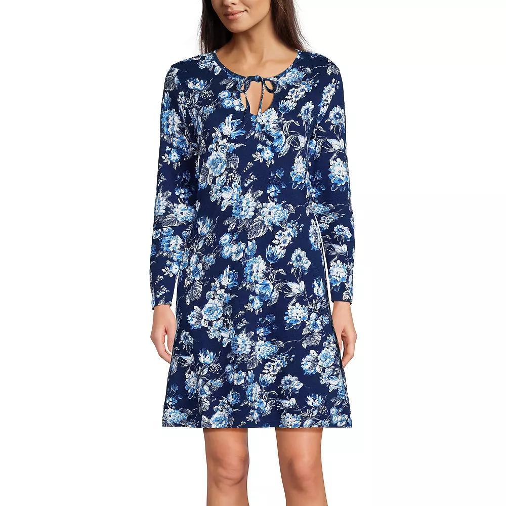 Women's Lands' End Cotton Interlock Long Sleeve Nightgown, Size: Large, Blue Linework Floral Product Image