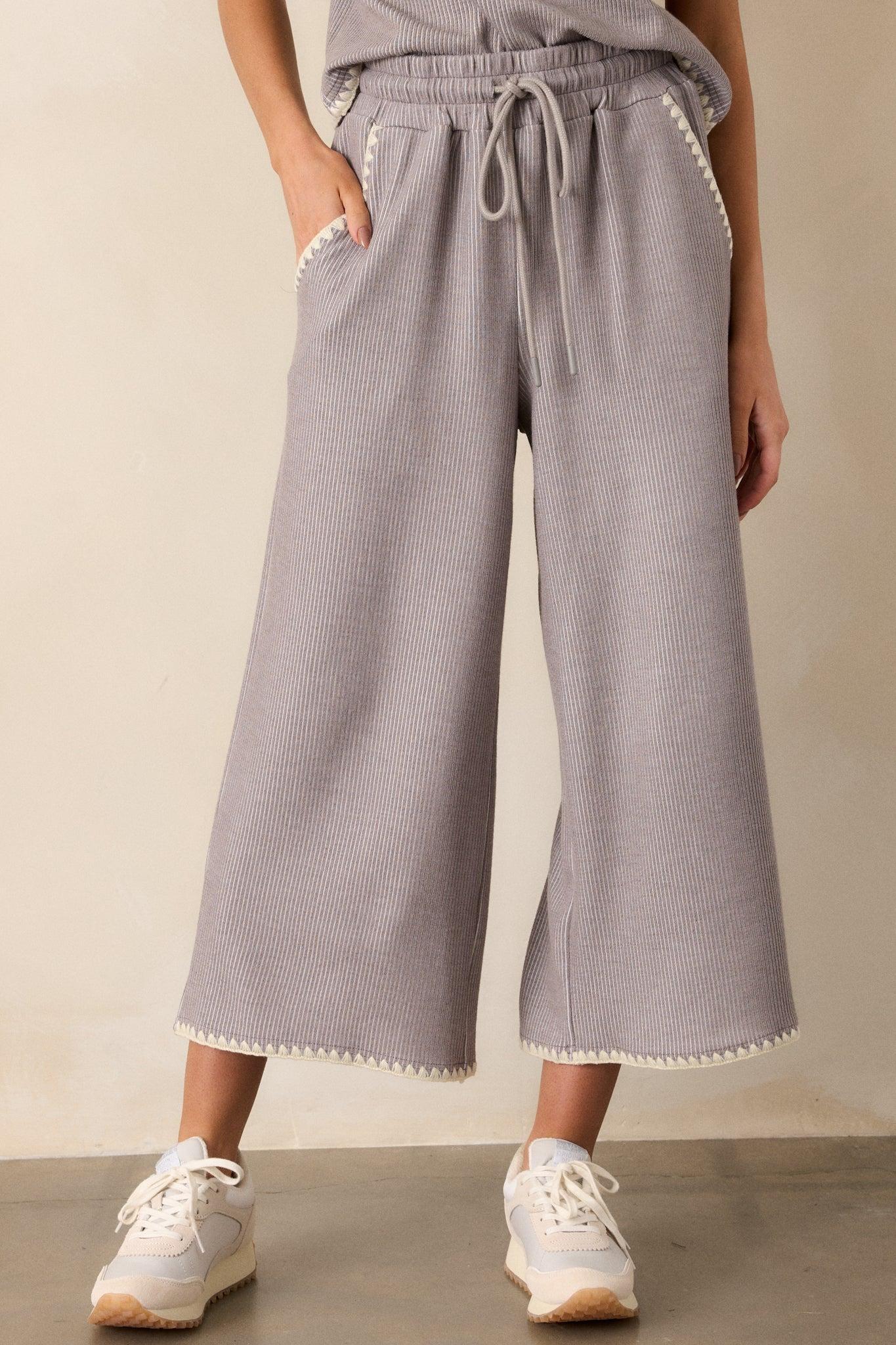 Anytime Now Grey Blanket Stitch Wide Leg Pants Product Image