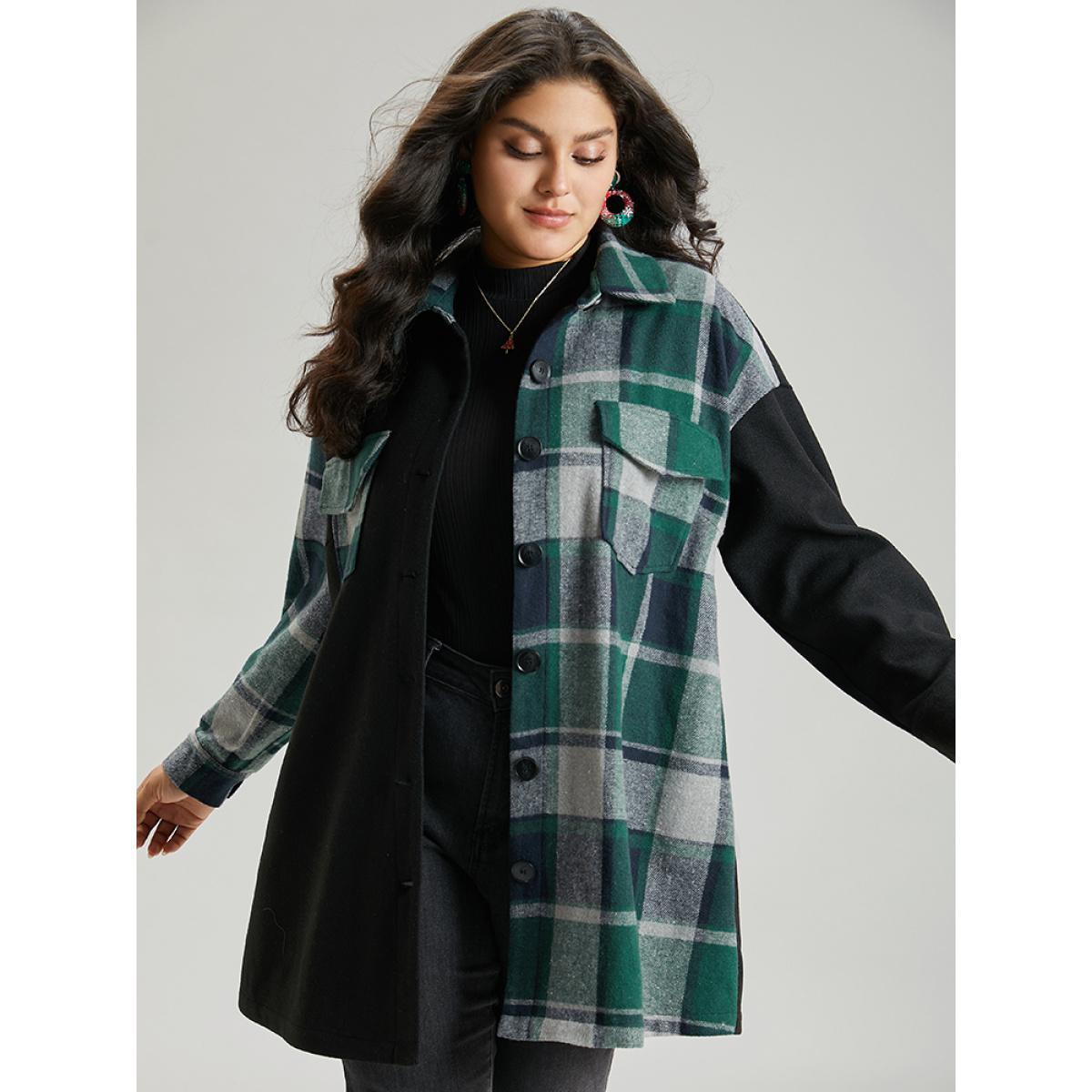 Plus Size Plaid Contrast Patchwork Pocket Button Up Shacket Women Green Contrast Pocket Dailywear Jackets BloomChic 28/5X Product Image