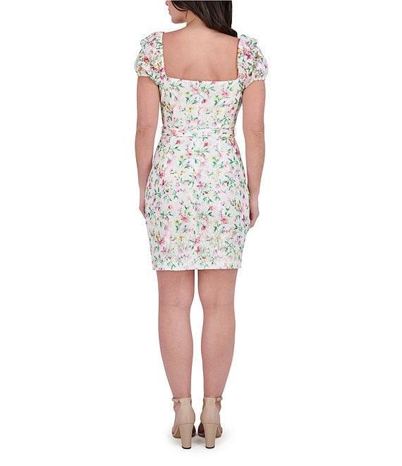 Kensie Floral Mesh Knit Sweetheart Neck Puff Sleeves Belted Sheath Mini Dress Product Image