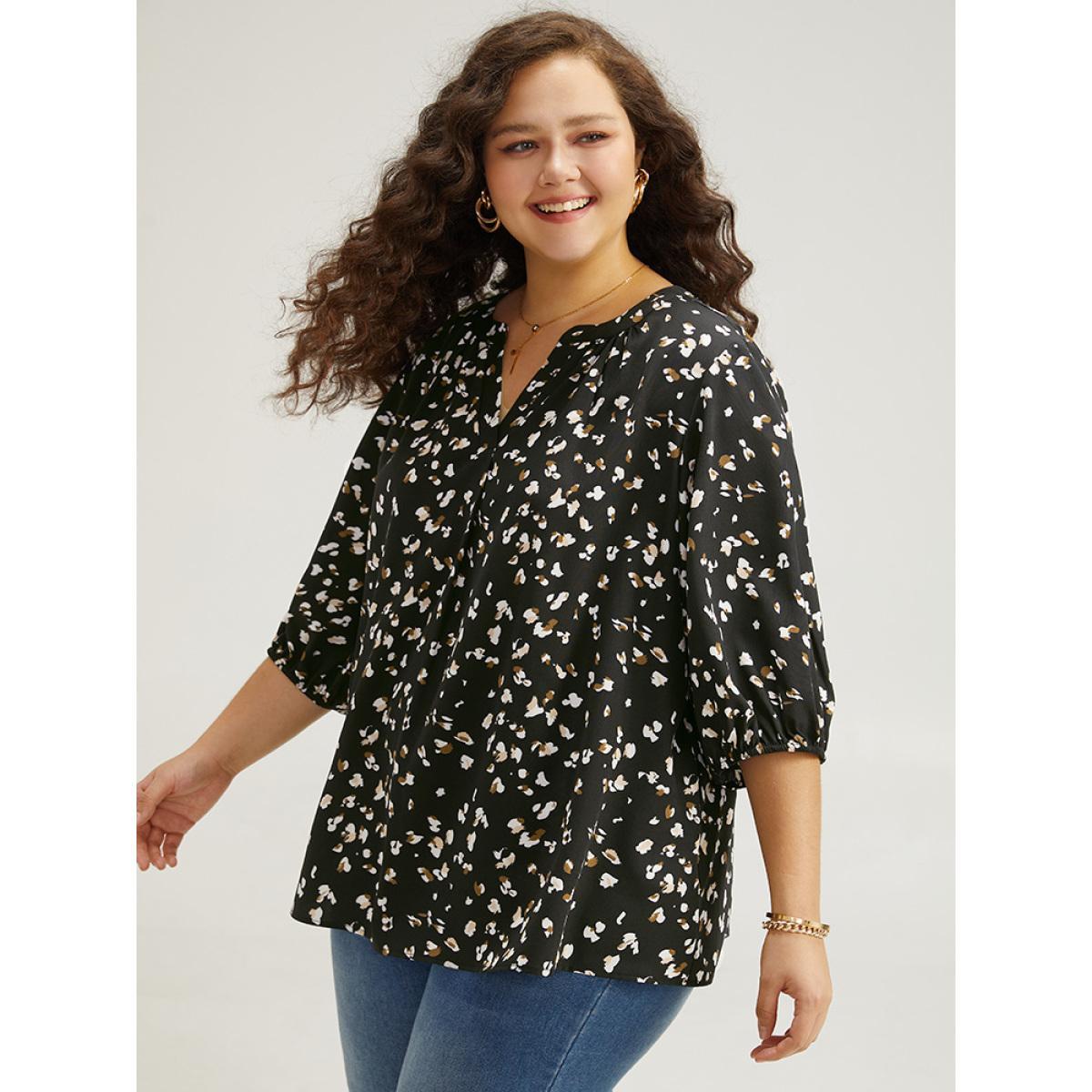 Plus Size Black Allover Print Notched Lantern Sleeve Blouse Women Elegant Half Sleeve V-neck Dailywear Blouses BloomChic 14-16/1X Product Image