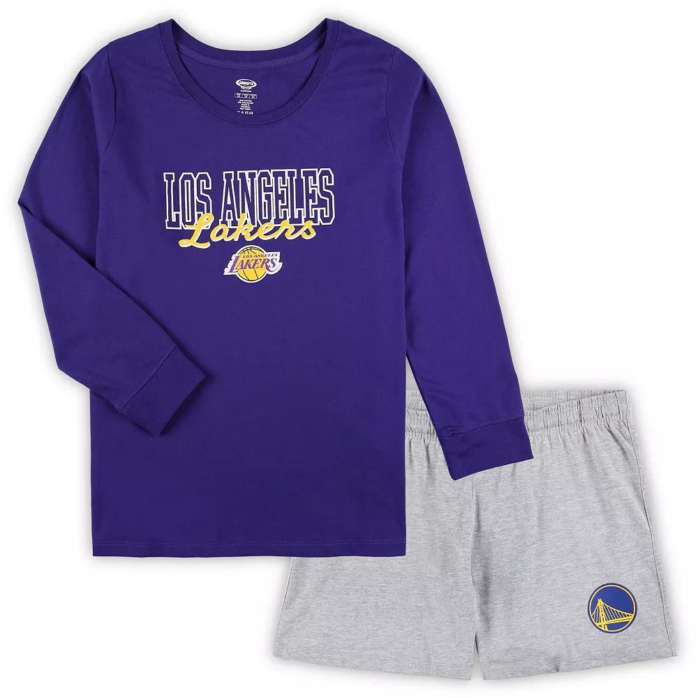 Women's Concepts Sport Purple/Heather Gray Los Angeles Lakers Plus Size Long Sleeve T-Shirt and Shorts Sleep Set, Size: 3XL Product Image