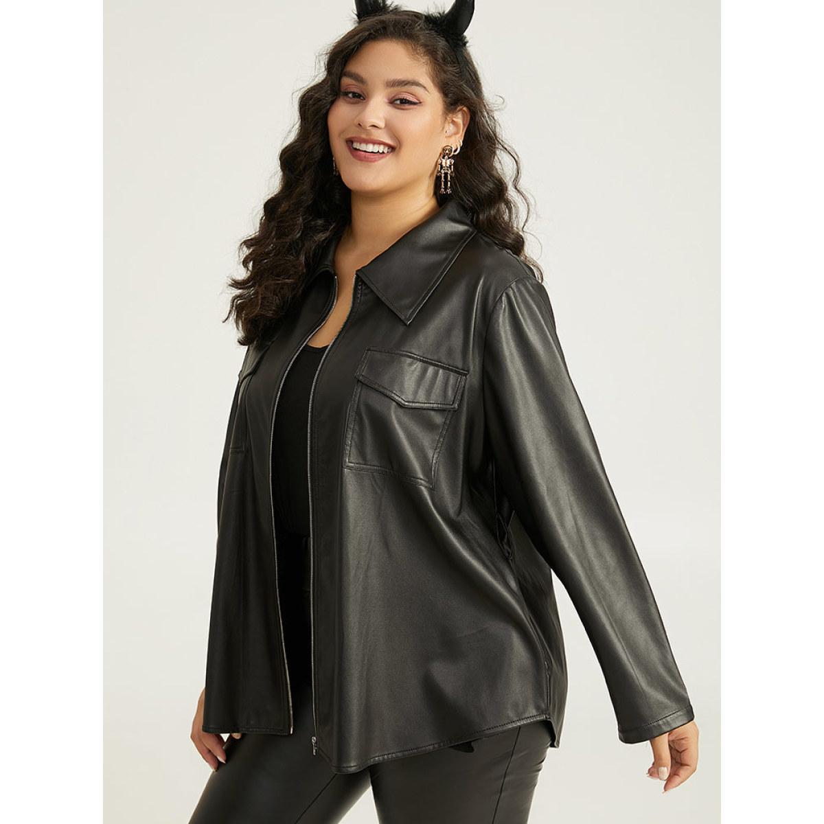 Plus Size Plain PU Leather Knot Pocket Zipper Belted Jacket Women Black Plain Pocket Belt Dailywear Jackets BloomChic 28/5X Product Image