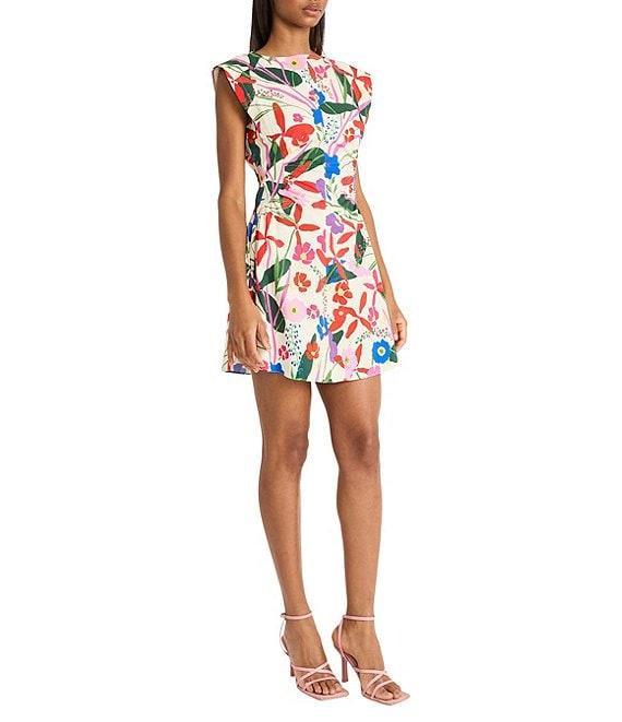 Donna Morgan Boat Neck Extend Shoulder Floral Print Cotton Poplin Mini Dress Product Image