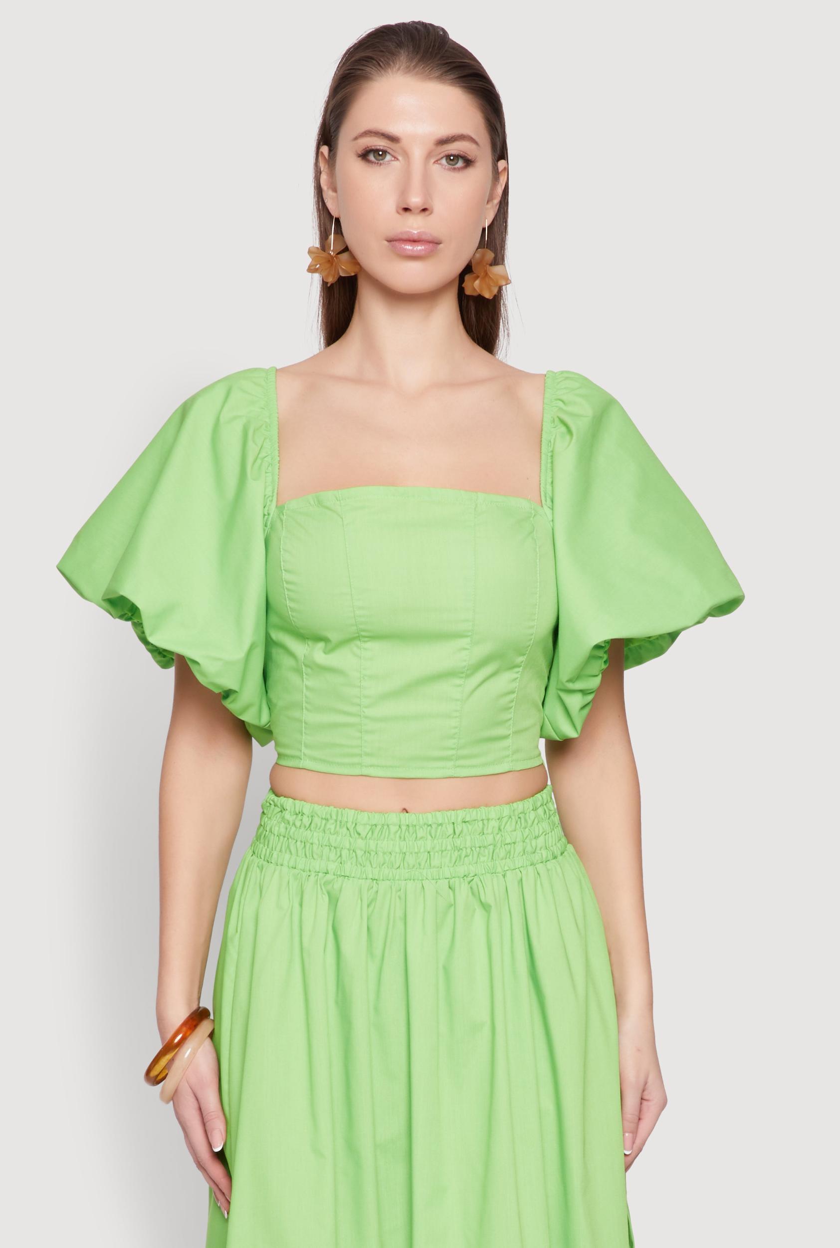 Womens Poplin Puff Sleeve Corset Crop Top Product Image