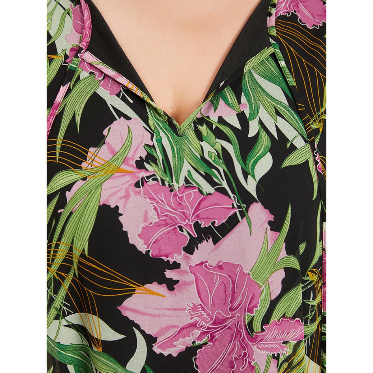 Plus Size Multicolor Floral Ties Batwing Sleeve Hanky Hem Layered Blouse Women Glamour Elbow-length sleeve Tie Neck Going out Blouses BloomChic 26/4X Product Image