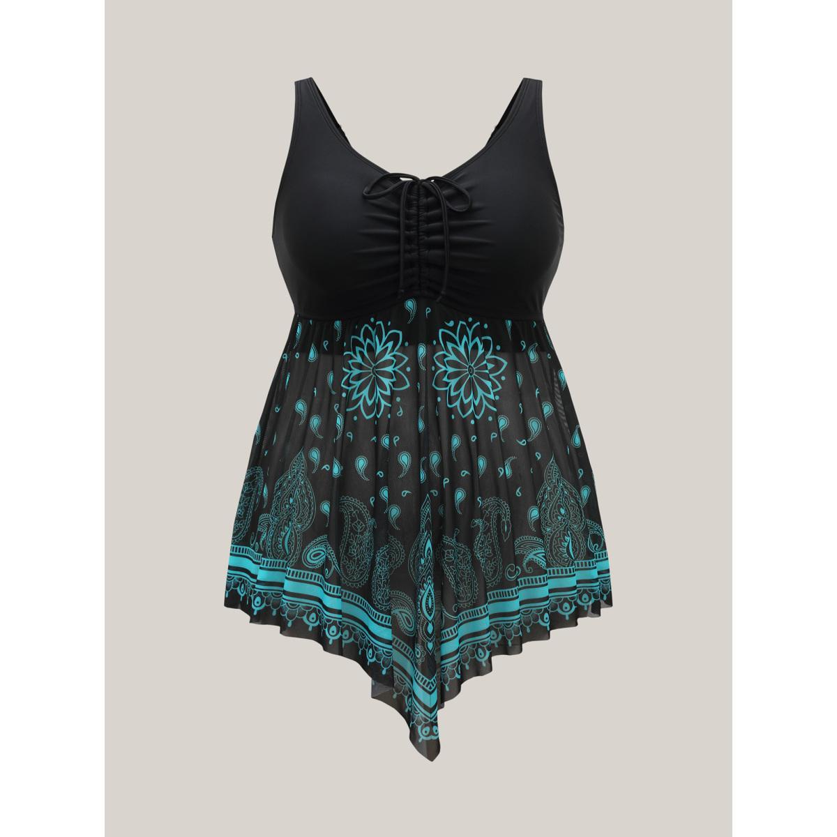 Plus Size Paisley Print Handkerchief Hem Drawstring Swim Top Women's Swimwear Black Beach High stretch Bodycon U-neck Curve Swim Tops BloomChic 22-24/3X Product Image