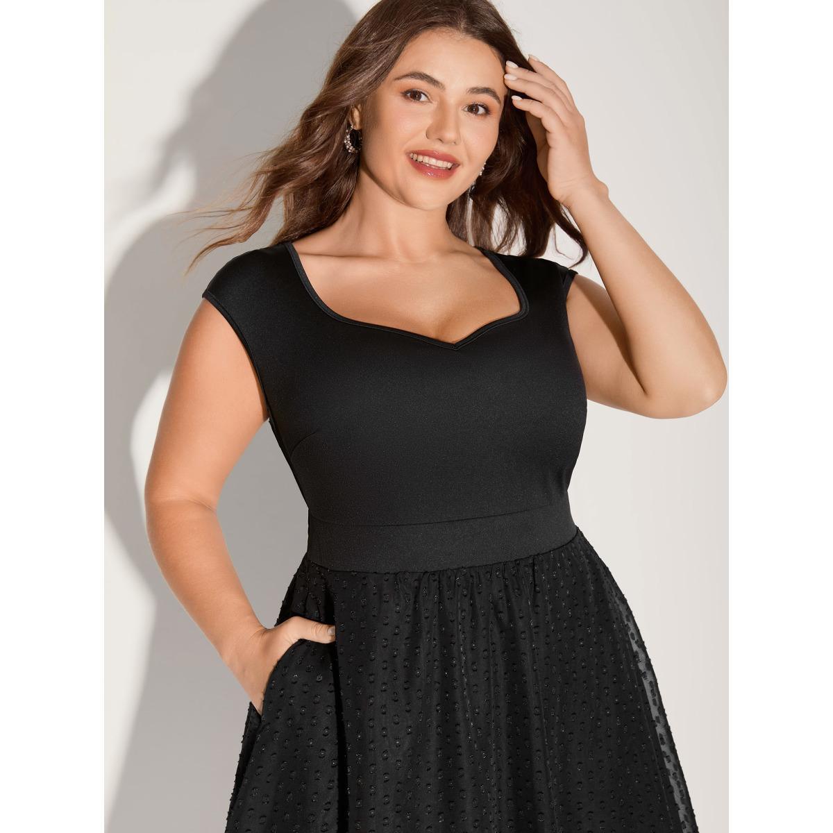 Plus Size Textured Sweetheart Neckline Midi Dress Black Women Texture Heart neckline Cap Sleeve Curvy BloomChic 12/L Product Image