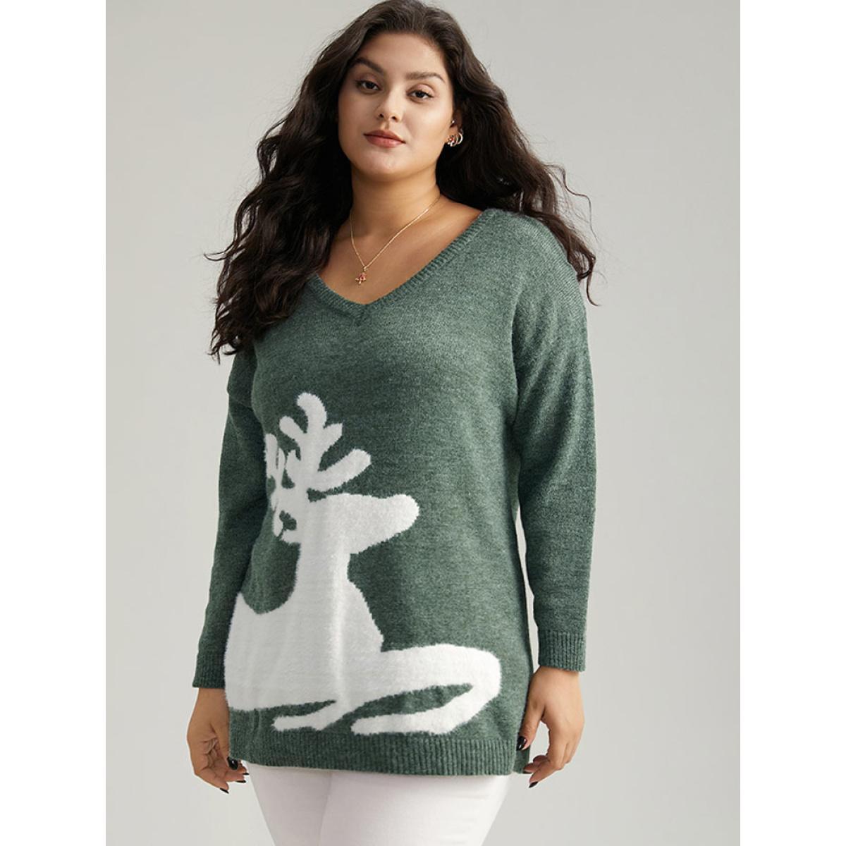 Plus Size Anti-Pilling Elk Print Drop Shoulder Pullover DarkGreen Women Casual Loose Long Sleeve V-neck Festival-Christmas Pullovers BloomChic 26/4X Product Image