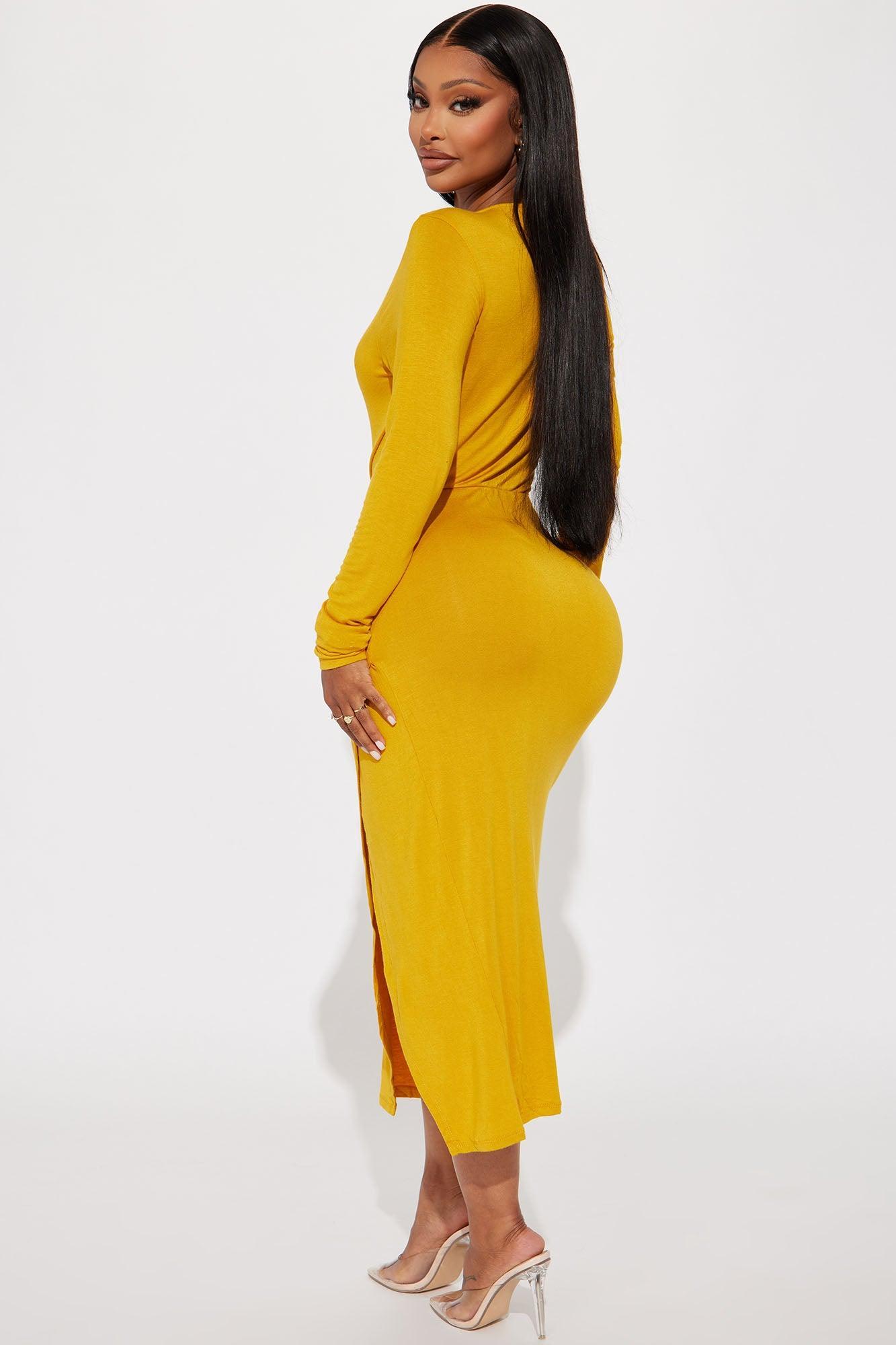 Claire Ruched Midi Dress - Mustard Product Image