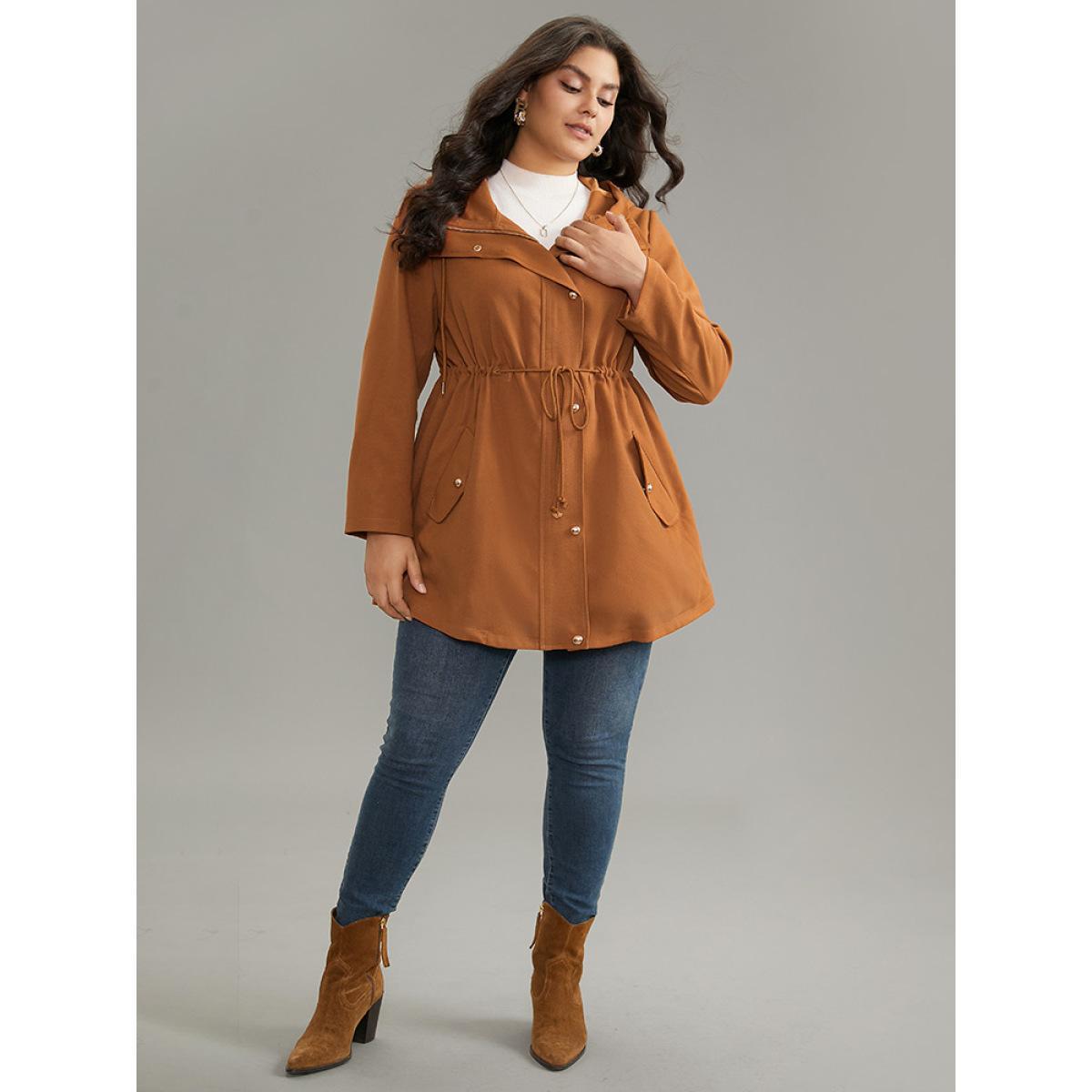 Plus Size Plain Drawstring Button Through Zipper Coat Women Yellow Casual Lined Ladies Dailywear Winter Coats BloomChic 30/6X Product Image