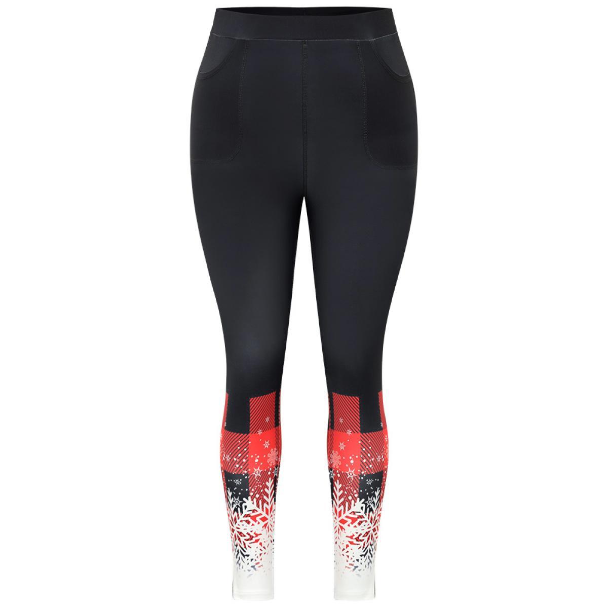 Plus Size Snowflakes Plaid Pocket Skinny Leggings Women Black Elegant High stretch Skinny High Rise Festival-Christmas Leggings BloomChic 12/L Product Image