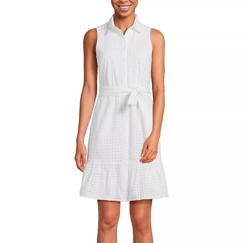 Womens Lands End Womens Collared Sleeveless Eyelet Tiered Shirt Dress Deep Blue Product Image