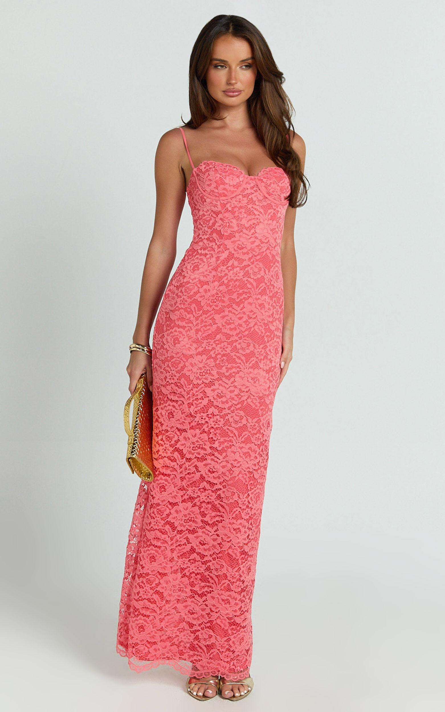 Carli Maxi Dress - Adjustable Strap Corset Bodycon Lace Dress in Watermelon Product Image