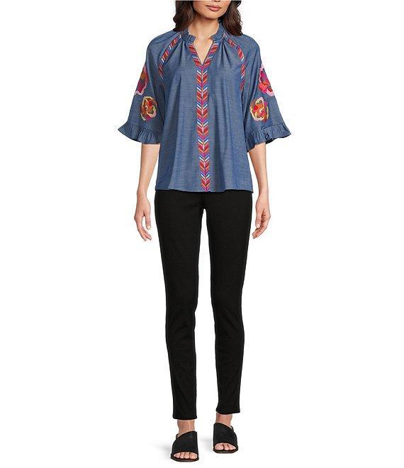 Calessa Burnout Embroidery Detail Split Round Neck 3/4 Sleeve Stretch Knit Top Product Image