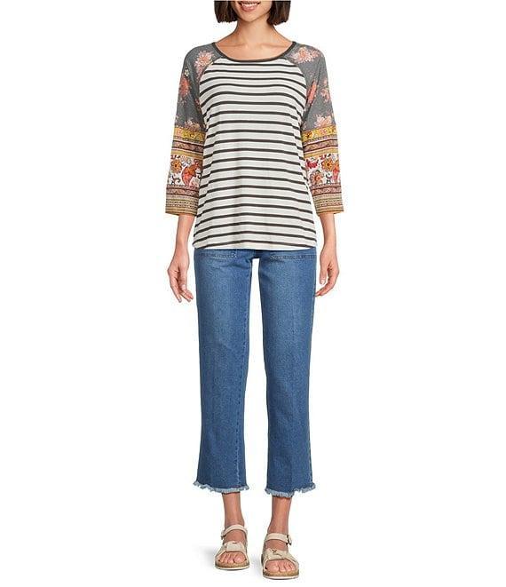 Multiples Petite Size Slub Knit Printed Scoop Neck 3/4 Raglan Sleeve Top Product Image