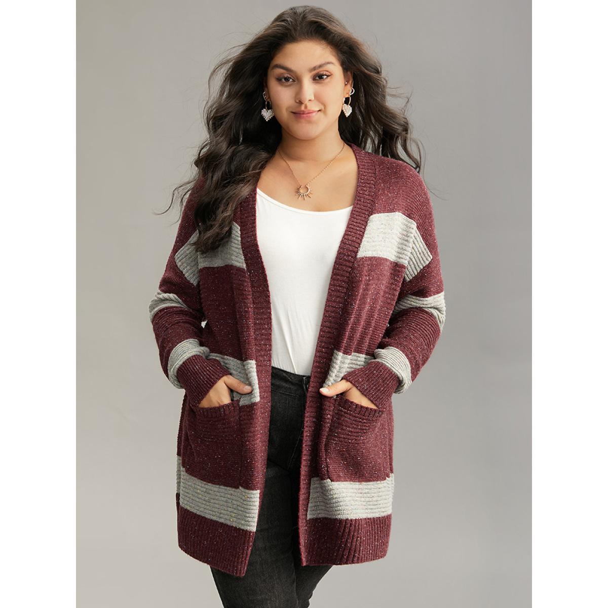 Plus Size Colorblock Patched Pocket Open Front Cardigan Burgundy Women Casual Loose Long Sleeve Dailywear Cardigans BloomChic 12/L Product Image