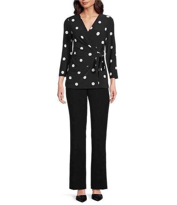 Anne Klein Knit Jersey Polka Dot Print V-Neck 3/4 Sleeve Faux-Wrap Top Product Image