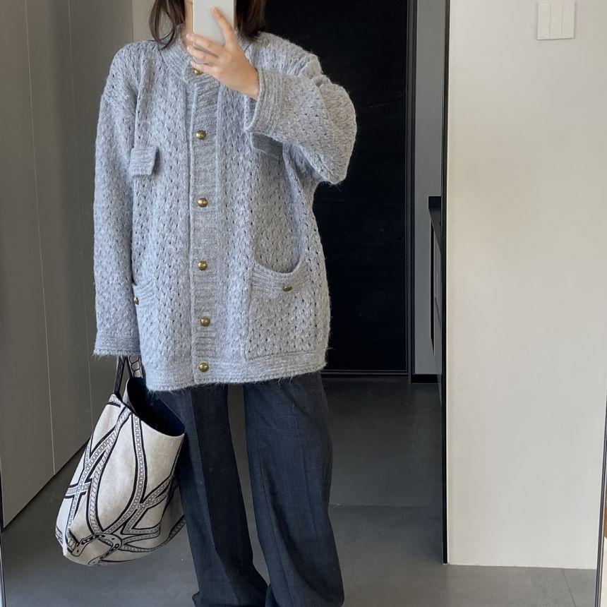 Round Neck Plain Button Oversized Knitted Cardigan Product Image