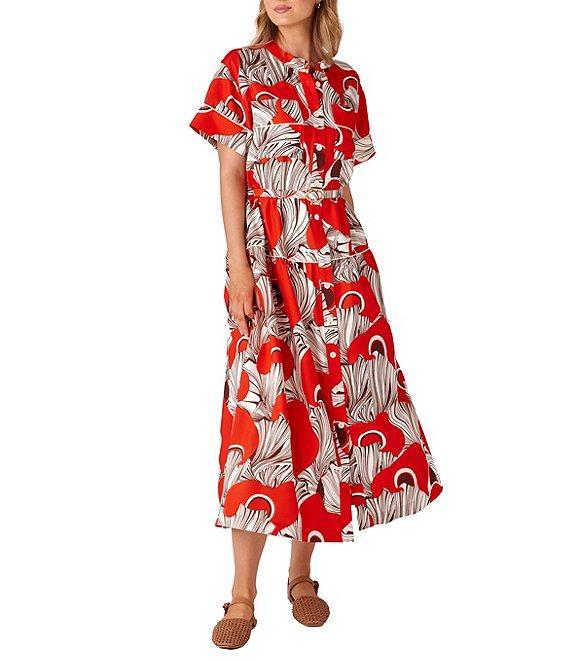 CROSBY by Mollie Burch Kellogg Bolga Fan Print Crepe Twill Banded Collar Button Front Belted A-Line Shirt Midi Dress Product Image