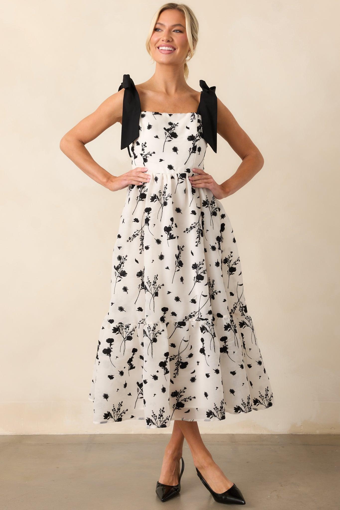 Right On Time Black Floral Embroidered Midi Dress Product Image
