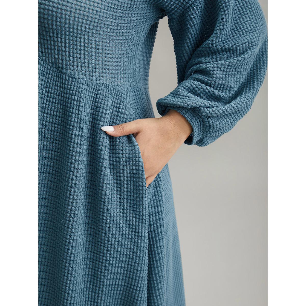 Plus Size Solid Waffle Knit Pocket Lantern Sleeve Dress Aegean Women Casual Texture V-neck Long Sleeve Curvy Midi Dress BloomChic 26/4X Product Image