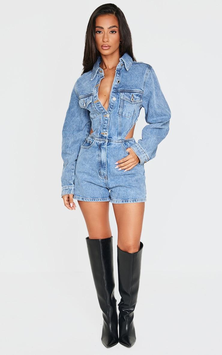 Petite Light Blue Wash Denim Cut Out Romper Product Image