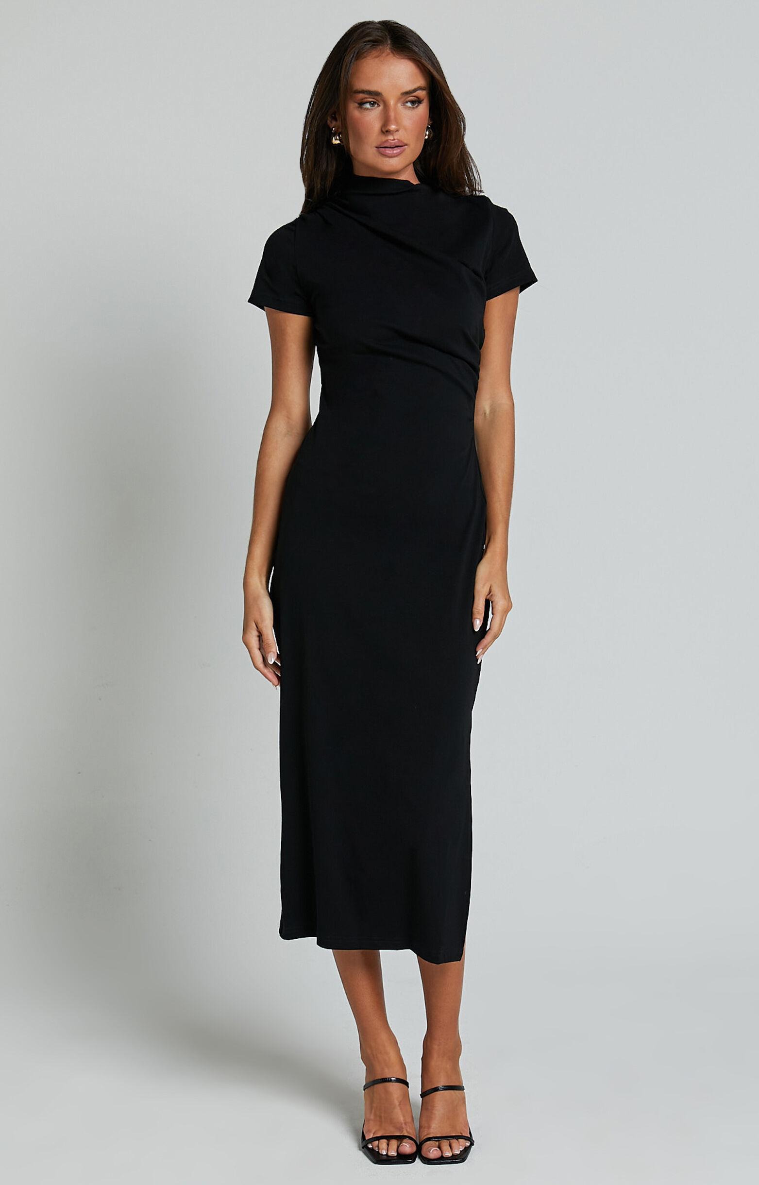 Zayna Midi Dress - Jersey Short Sleeve Dress in Black Product Image
