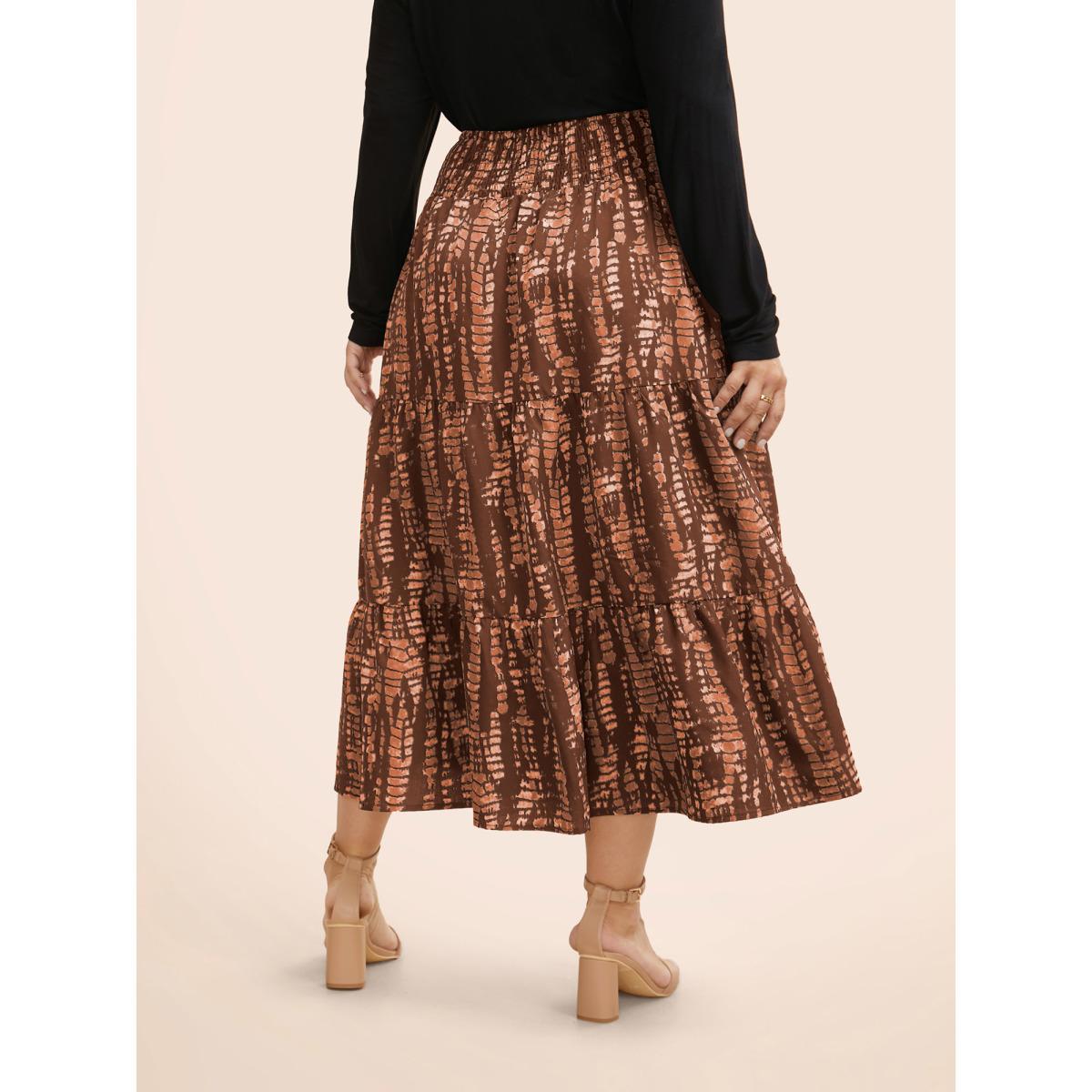 Plus Size Geometric Shirred Ruffle Layered Hem Skirt Women Browncoffeecolor Casual Shirred No stretch Slanted pocket Everyday Skirts BloomChic 14-16/1X Product Image