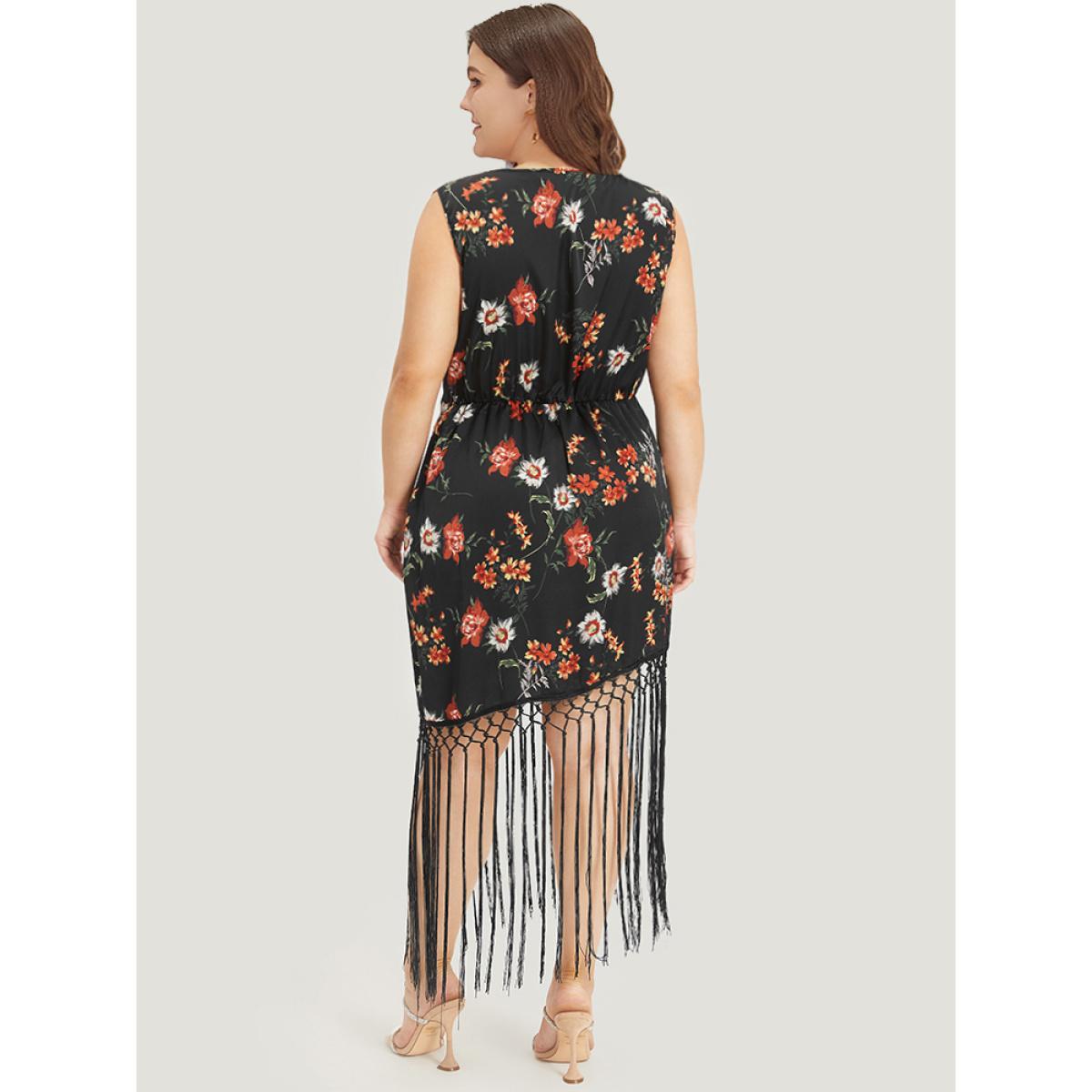 Plus Size Floral Print Fringe Trim V Neck Tank Dress Black Women Glamour Tassels V-neck Sleeveless Curvy Knee Dress BloomChic 18-20/2X Product Image