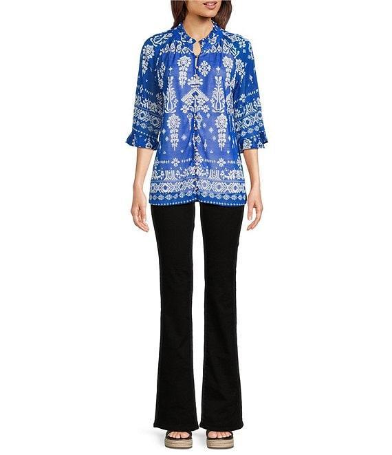 Calessa Petite Size Mesh Knit Split V-Neck 3/4 Sleeve Border Henna Print Tunic Product Image
