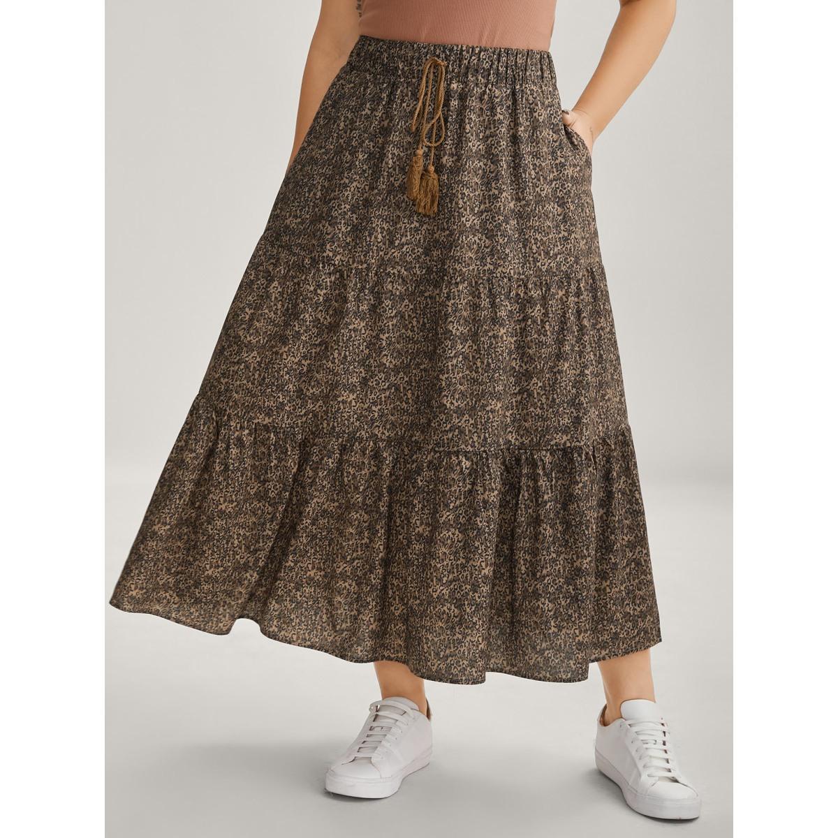 Plus Size Leopard Print Tiered Midi Skirt Women DarkBrown Bodycon High stretch Side seam pocket Everyday-Casual Skirts BloomChic 12/L Product Image