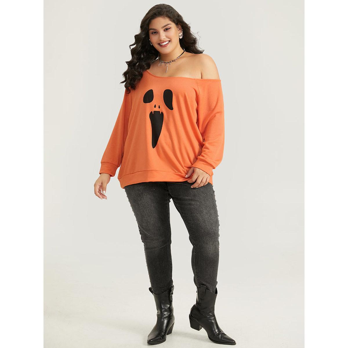 Plus Size Halloween Print One Shoulder Raglan Sleeve Sweatshirt Women OrangeRed Casual Printed Festival-Halloween Sweatshirts BloomChic 26/4X Product Image