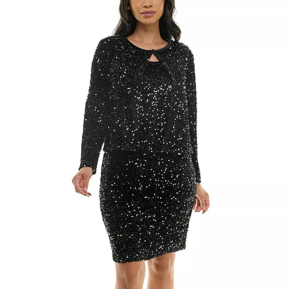 Women's Nina Leonard Sequin Mesh Cardigan & Sequin Sheath Dress Set, Size: Medium, Green Product Image
