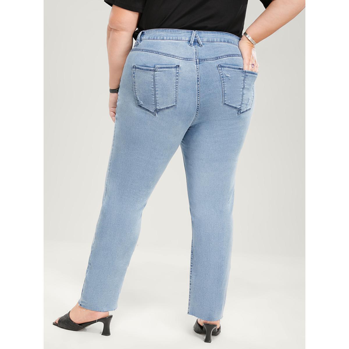 Plus Size Skinny Very Stretchy High Rise Light Wash Pocket Patchwork Jeans Women LightBlue Casual Plain Asymmetrical High stretch Pocket Jeans BloomChic 20/2X Product Image