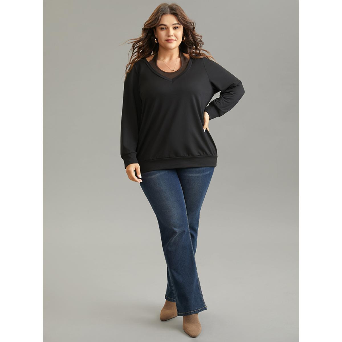 Plus Size Halter 2-In-1 Patchwork Sweatshirt Women Black Casual Plain Halter neck Everyday Sweatshirts BloomChic 22-24/3X Product Image