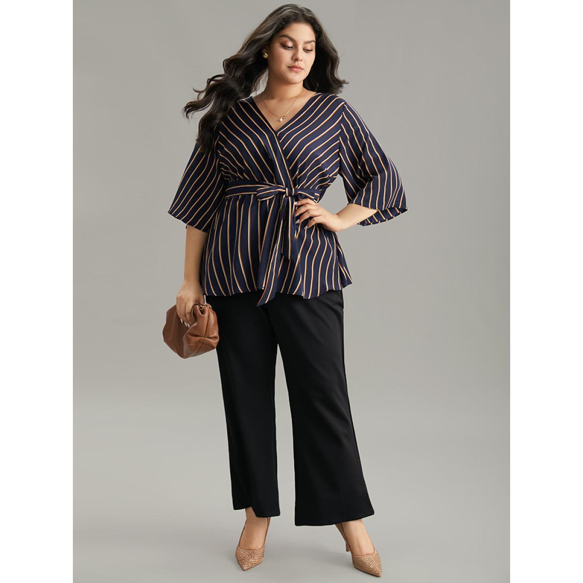 Plus Size Indigo Striped Overlap Collar Bell Sleeve Blouse Women Office Elbow-length sleeve Overlap Collar Work Blouses BloomChic 28/5X Product Image