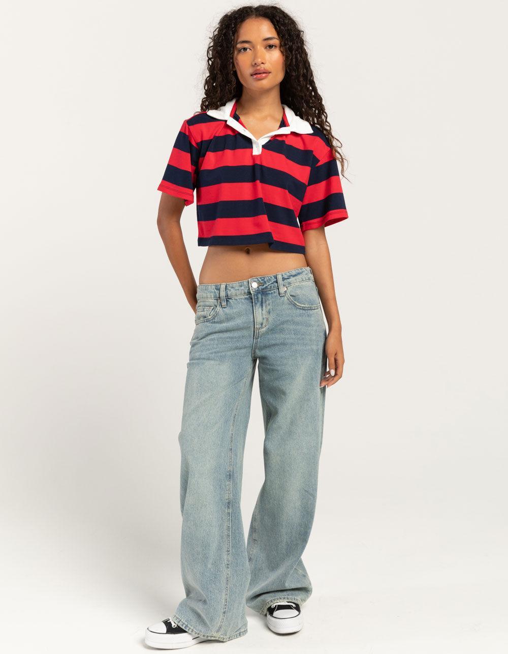 RSQ Womens Stripe Crop Polo Shirt - RED Product Image