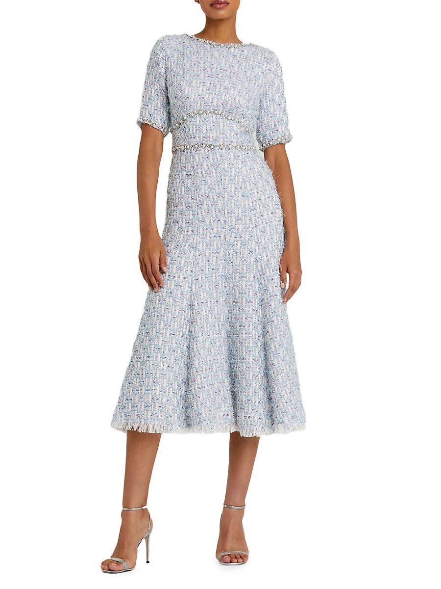 Mac Duggal Womens Short Sleeve Beaded Trim Boucle Midi Dress Product Image