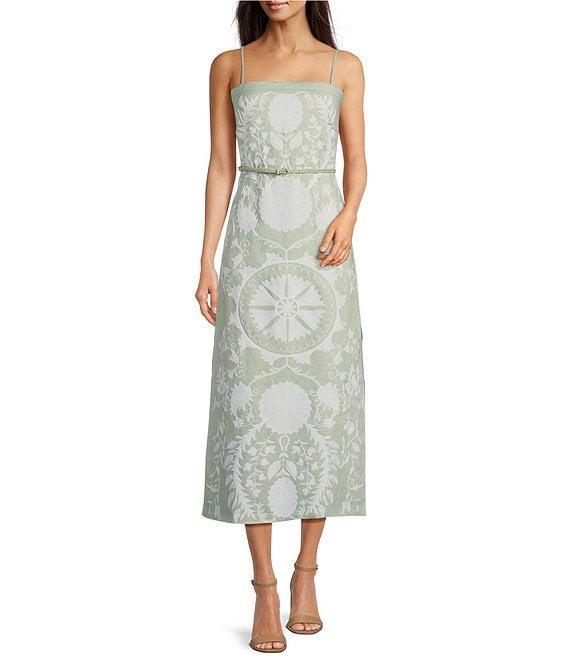 Le' AL.X Linen Embroidered Square Neck Sleeveless Spaghetti Strap Braided Belt Column Side Slit Maxi Coordinating Dress Product Image