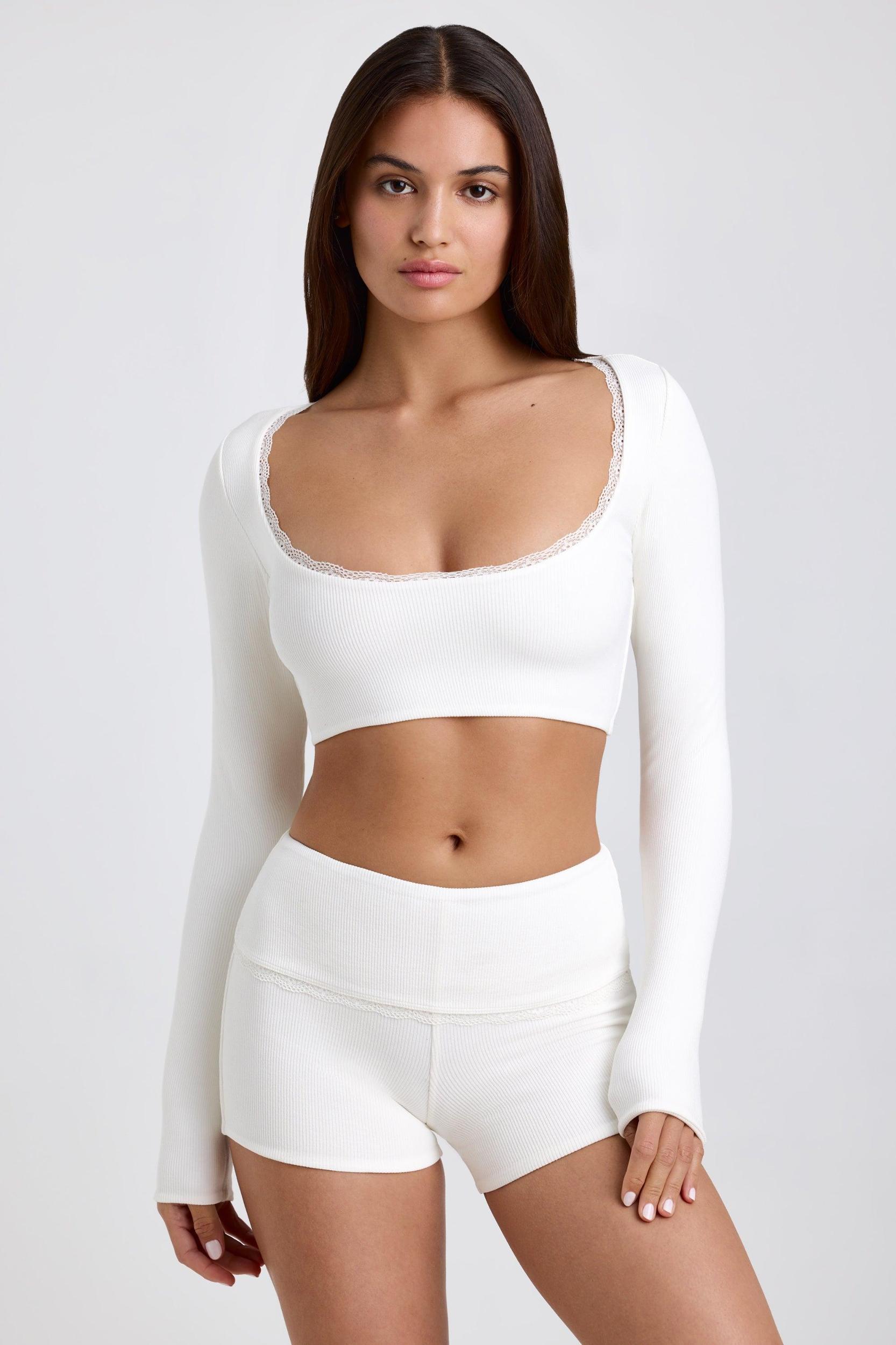 Ribbed Modal Lace-Trim Crop Top in White Product Image