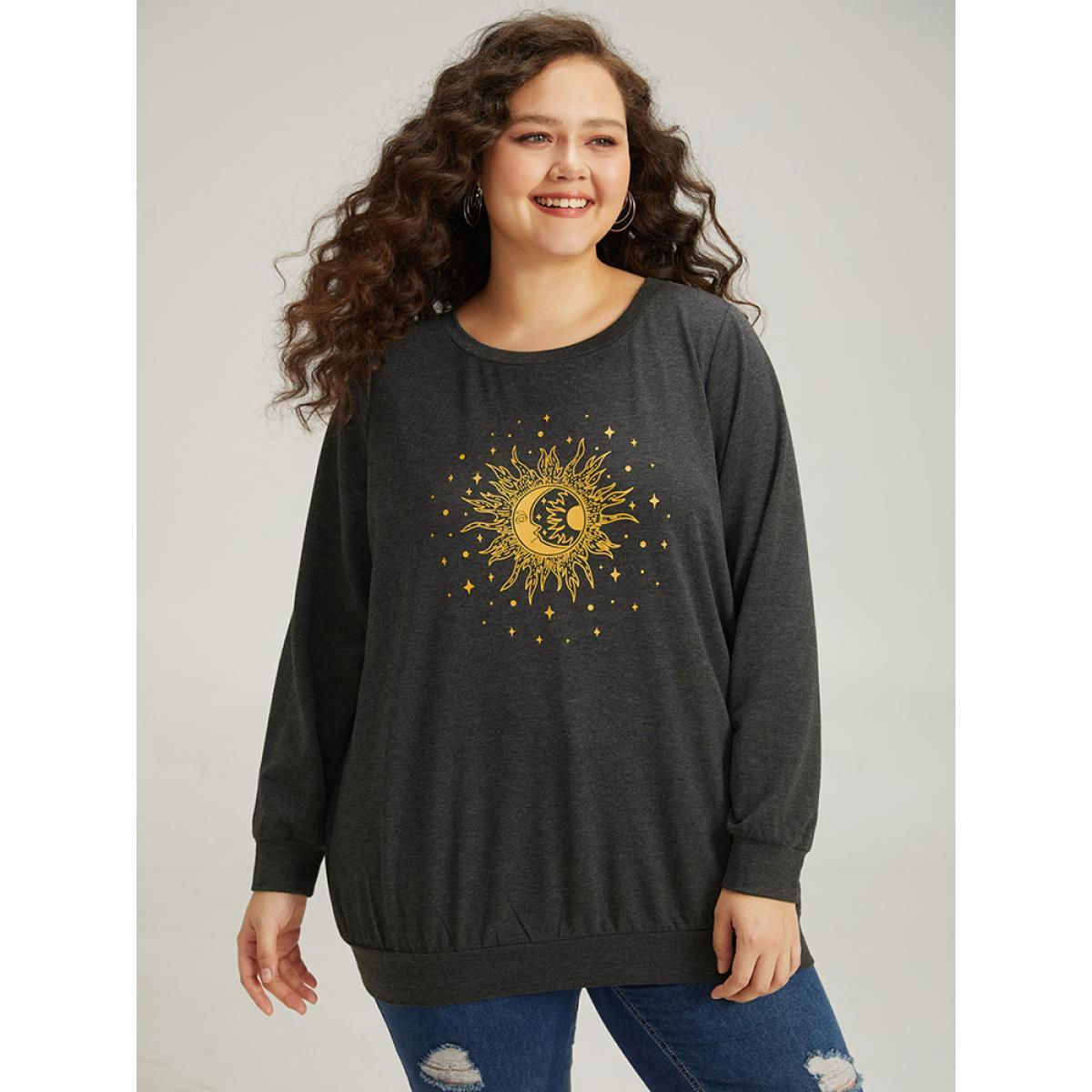 Plus Size Moon and Star Print Crew Neck Elastic Cuffs Sweatshirt Women Gray Casual Elastic cuffs Dailywear Sweatshirts BloomChic 22-24/3X Product Image