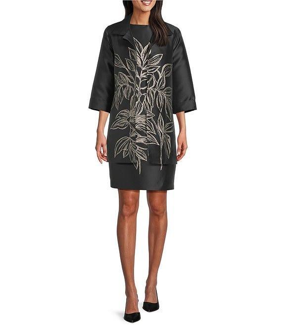 Caroline Rose Printed Rose Leaf Jacquard Point Collar 3/4 Sleeve Statement Jacket Product Image