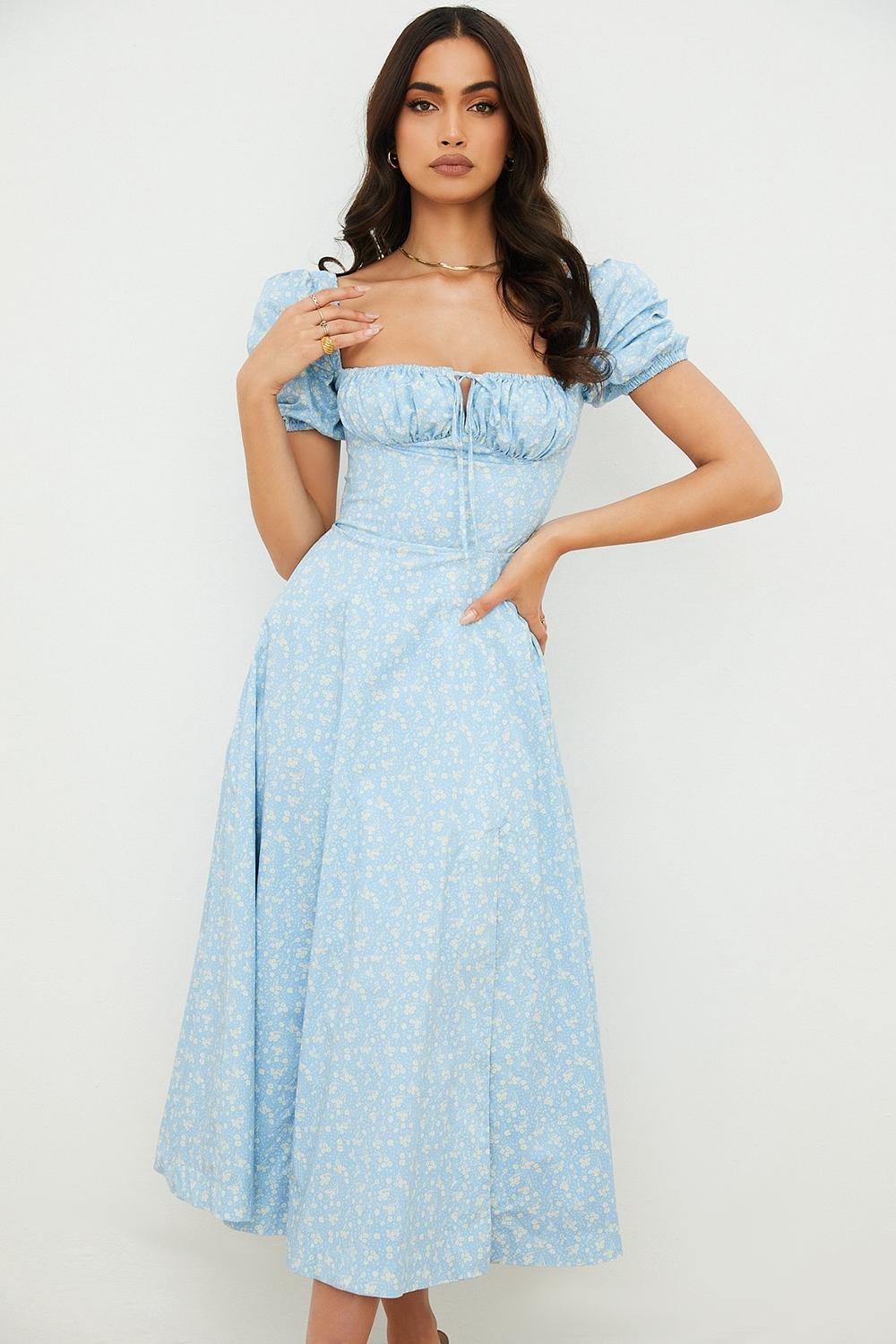 Tallulah Blue Ivory Floral Puff Sleeve Midi Dress Product Image
