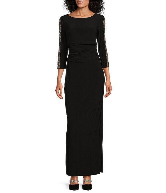 Ignite Evenings Embellished 3/4 Sleeve Ruched Bodice Boat Neck Column Gown Product Image