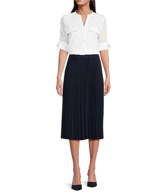 Calvin Klein Cotton Crew Neck Roll Tab Sleeve Button Front Blouse Product Image