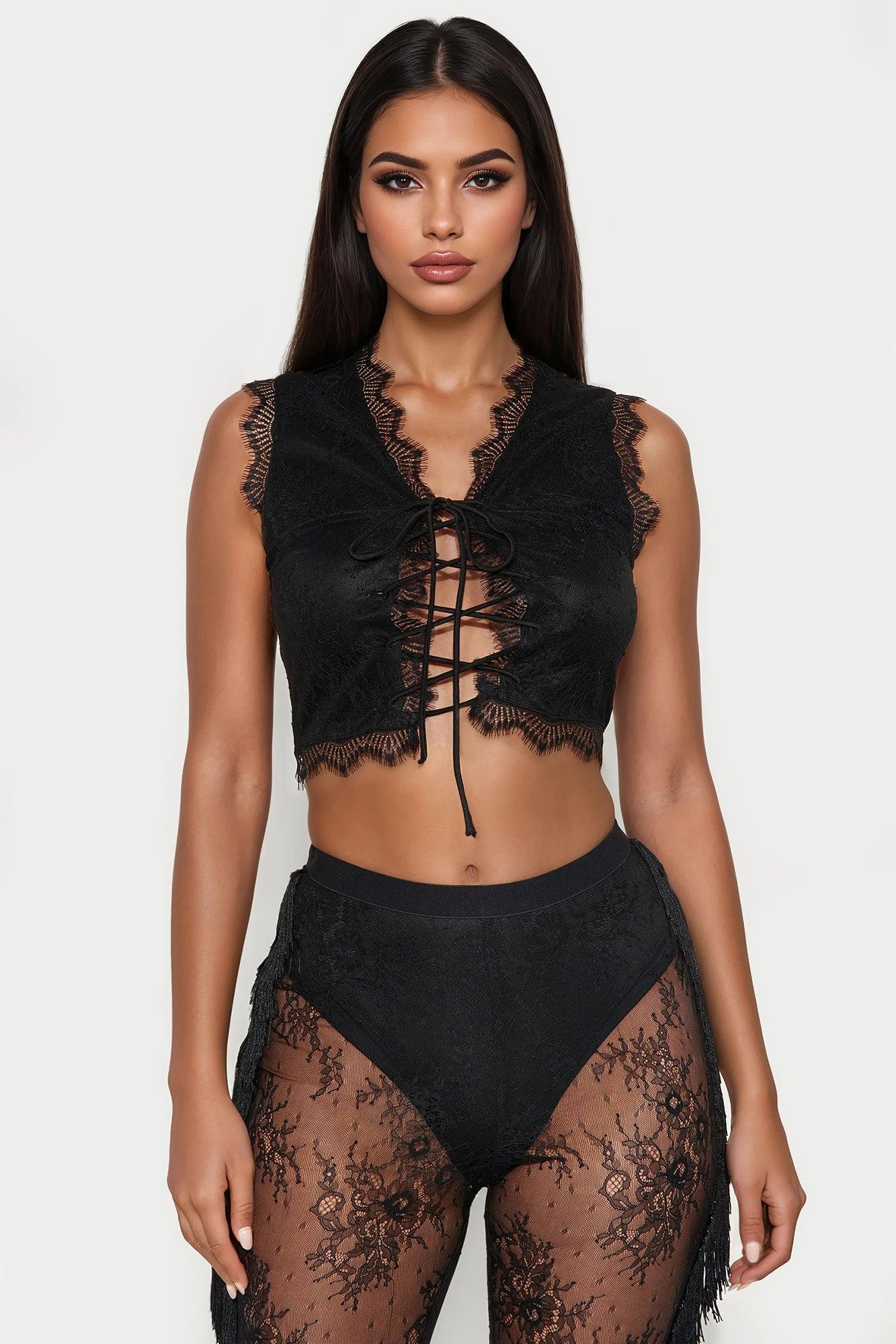 Here To Sway Lace And Fringe Pant Set - Black Product Image