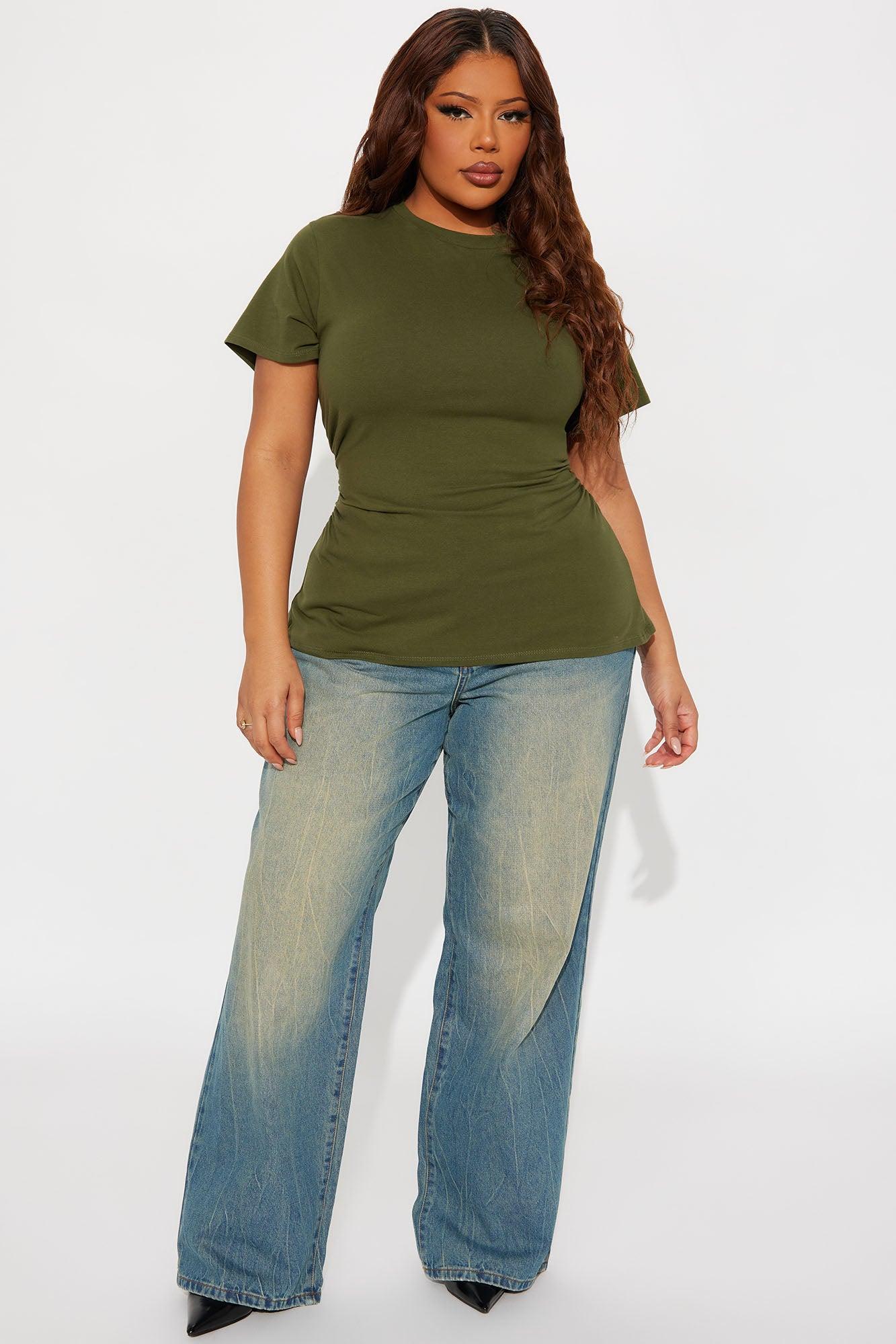 Simply Me Ruched Short Sleeve T-Shirt - Olive Product Image