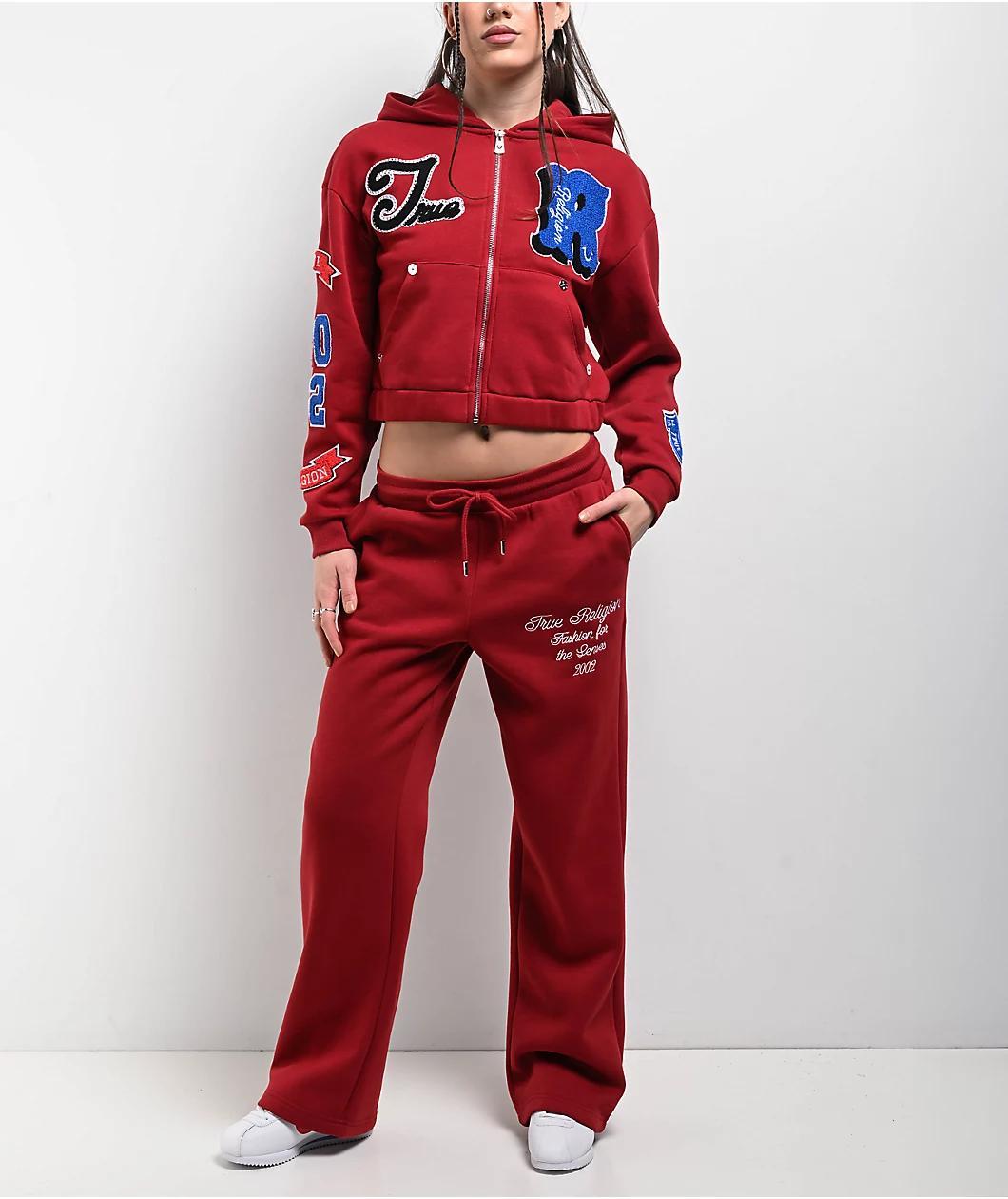 True Religion Crystal Patch Varsity Red Dahlia Crop Zip Hoodie Product Image